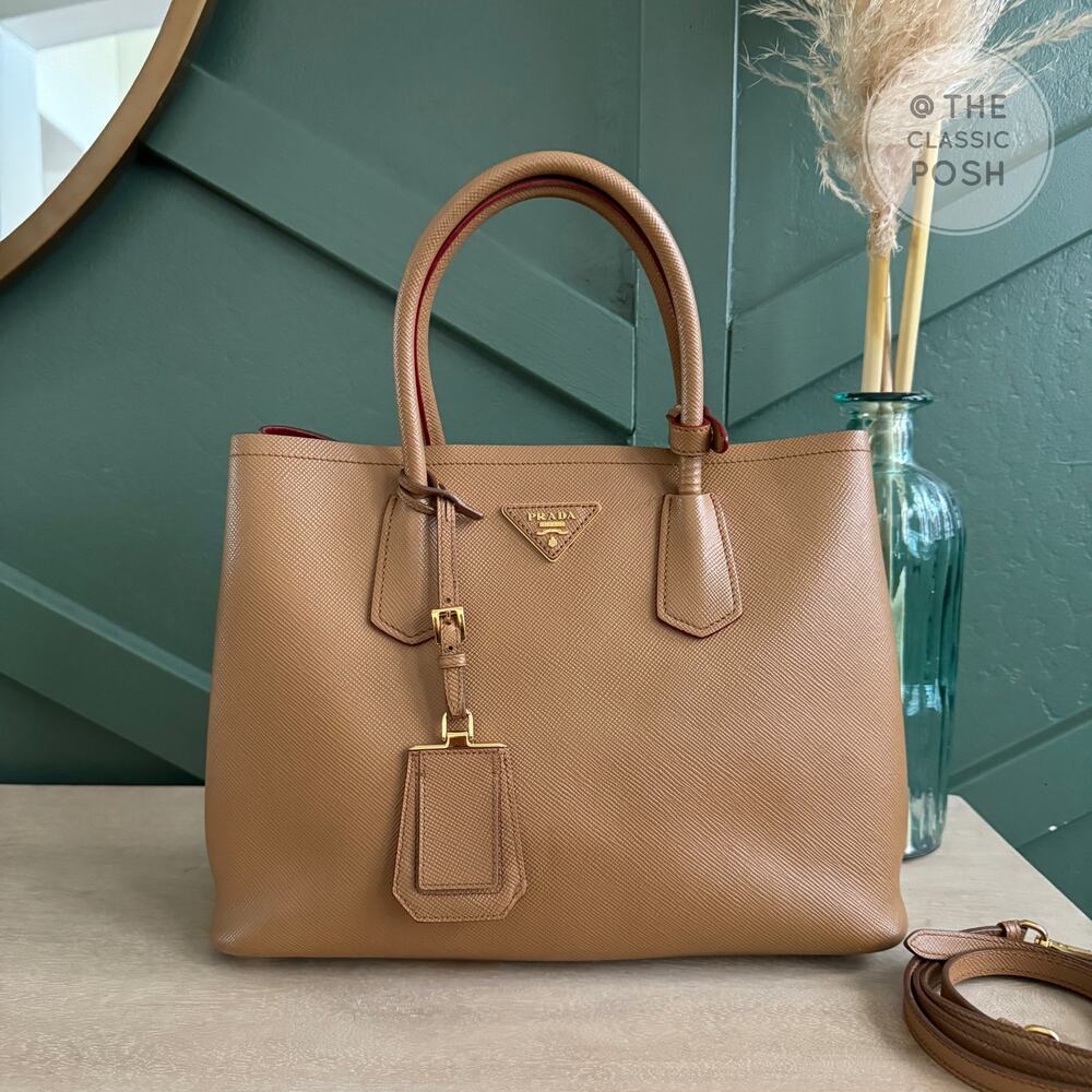 Prada Double Cuir Saffiano Leather Medium Camel Tote Shoulder Bag Retails $4950